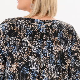 Туника свободная, черная, принт растительный