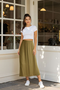 TRENDYOLMILLA Haki Saten Kumas A-line Midi Boy Dokuma Etek TWOSS25ET00016