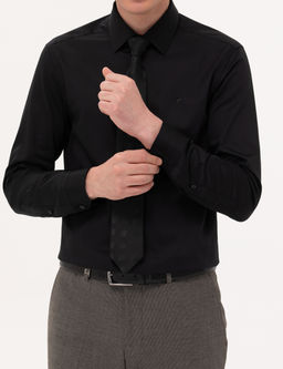 Siyah %100 Pamuk Parlak Saten Slim Fit Uzun Kollu Basic G_mlek