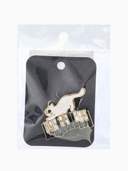 Брошь перламутровый "Котёнок" с пианино, цвет чёрно-белый в золоте