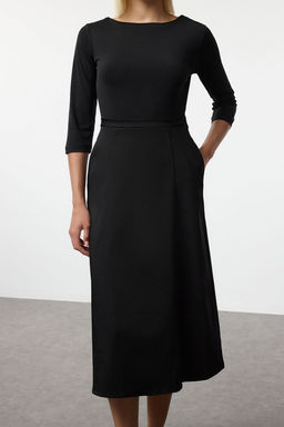 Trendyolmilla Siyah Belden Ac?lan Kumas Mixli Midi Dokuma Elbise TWOAW25EL00144  фото 4