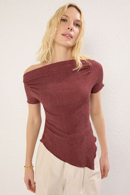 Trendyolmilla Bordo Asimetrik Buzgu/Drape Detayl? Vucuda Oturan Esnek Orme Bluz TWOSS25BZ00272  фото 7