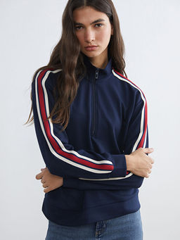 Dik Yaka ?erit Detayl? Kad?n Fermuarl? Sweatshirt