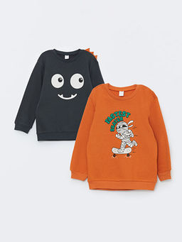 Bisiklet Yaka Bask?l? Uzun Kollu Erkek Bebek Sweatshirt 2li