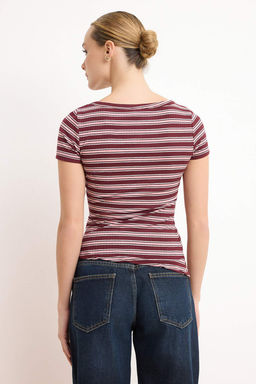 Pembe Cizgili Fitted/Vucuda Oturan K?sa Kollu Buzgulu Fitilli Esnek Orme Bluz TWOSS26BZ00377 - Trendyolmilla фото 4