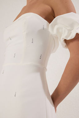 TRENDYOLMILLA Siyah Carmen Yaka Tas Bask? Detayl? Dokuma Midi S?k Elbise TPRSS25EL00243  фото 3