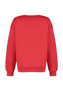 K?rm?z? Oversize/Rahat Kesim Basic Bisiklet Yaka Kal?n/Ici polarl? Orme Sweatshirt TWOAW24SW00102