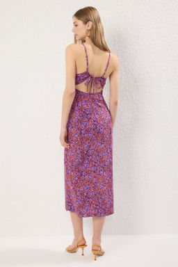 Mor Cicekli A Kesim Y?rtmacl? Midi Dokuma Elbise TWOSS23EL02085