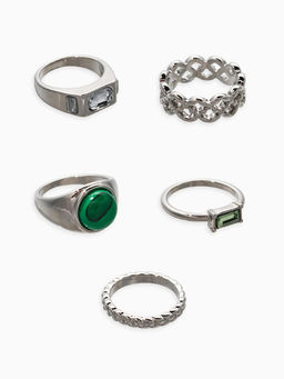 Набор колец 5 шт "Новый стиль" малахит, размер МИКС, цвет изумрудный в серебре