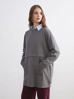 B?y?k Beden Bisiklet Yaka Kad?n Sweatshirt Tunik