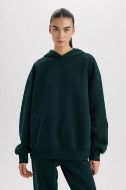 Relax Fit Kapusonlu Kal?n Basic Duz Sweatshirt