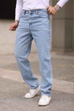 TRENDYOL MAN Ac?k Mavi %100 Pamuk Baggy Fit Jeans Bol Kot Pantolon TMNAW24JE00027