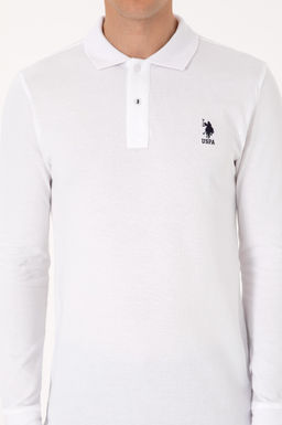 Erkek Slim Fit Polo Yaka Beyaz Basic Sweatshirt