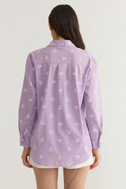 TRENDYOLMILLA Mavi Cizgili Cicek Desenli Pamuklu Oversize Genis Kal?pl Dokuma Gomlek TWOSS23GO00373  фото 18