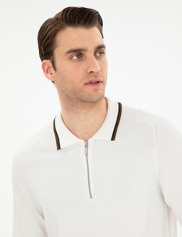 Ekru Slim Fit Fermuarl_ Polo Yaka Kazak