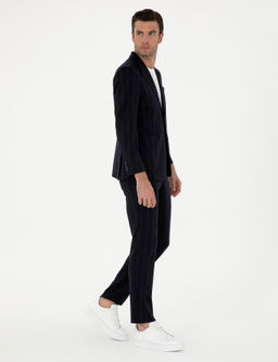 Koyu Lacivert Slim Fit Y_n Kar___ml_ _izgili Pantolon