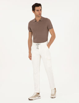 Beyaz Straight Fit Kadife Kargo Cepli %100 Pamuk Kanvas Pantolon