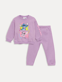 Bisiklet Yaka Uzun Kollu Lilo ve Stitch Bask?l? K?z Bebek Sweatshirt ve E?ofman Alt?