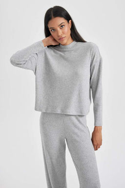 Ребристая футболка с длинными рукавами и круглым вырезом Relax Fit - Defacto фото 8