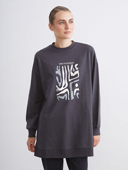 Bisiklet Yaka Bask?l? Kad?n Sweatshirt Tunik