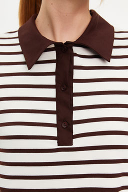 Kahverengi Beyaz Cizgili Polo Yaka A Kesim/Can Form Orme Elbise TWOSS24EL00023 - Trendyolmilla фото 5
