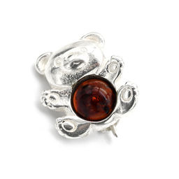 Брошь Мишка 15*16мм с янтарём в посеребрении цв.коньячный