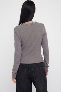 Antrasit Melanj Fitted/Vucuda Oturan Dantel Detayl? F?rcal? Fitilli Esnek Orme Bluz TWOAW26BZ00096