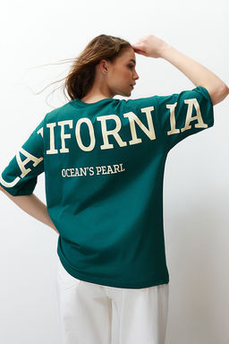 TRENDYOLMILLA Beyaz %100 Pamuk S?rt Slogan Bask?l? Oversize/Genis Kal?p Orme T-Shirt TWOSS24TS00091  фото 21