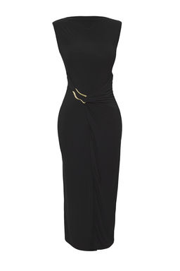 TRENDYOLMILLA Mor Bodycone/Vucuda Oturan Aksesuar Detayl? Ay Kol Kay?k Yaka Midi Orme Elbise TWOSS25EL00699  фото 5