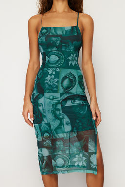 Zumrut Yesili Ask?l? Fitted/Vucuda Oturan Kare Yaka Tul Esnek Orme Midi Kalem Elbise TWOSS22EL00726