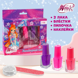 Маникюрный набор, 3 лака, пилочка, блестки, наклейки Блум, WINX