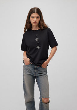 Bask?l? Siyah Tisort