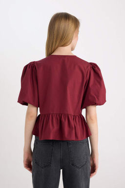 Женская поплиновая блузка с короткими рукавами и круглым вырезом стандартного кроя с завязками спереди - Defacto фото 6