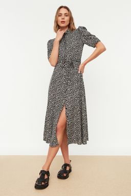 Cok Renkli Desenli Kusakl? Midi Dokuma Viskon Gomlek Elbise TWOSS20EL1559