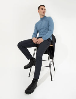 Lacivert Slim Fit Keten Kar___ml_ Kanvas Pantolon