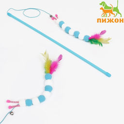 Дразнилка-удочка Гусеница с перьями, ручка 49 см, голубая