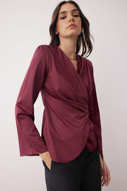 Bordo Saten Kruvaze Dokuma Bluz TWOAW26BZ00052 - Trendyolmilla фото 5