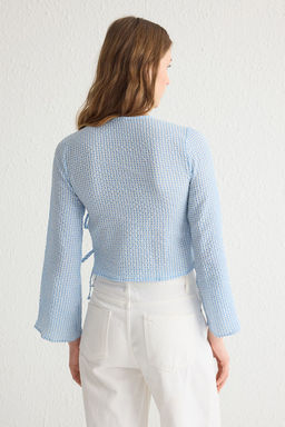 Trendyolmilla Mavi Gofre Potikare Crop Dokuma Bluz TWOSS25BZ00059  фото 5