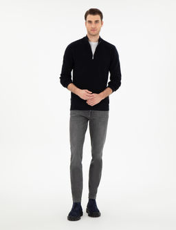 Lacivert Slim Fit Fermuarl_ Dik Yaka Kazak