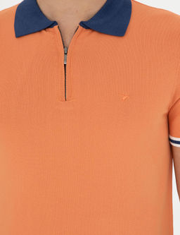 Turuncu Slim Fit Fermuarl_ Polo Yaka Triko T-shirt