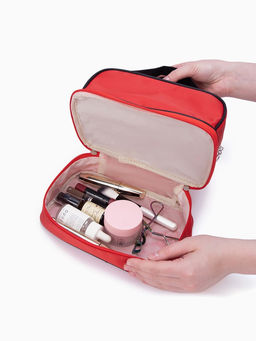 Косметичка-сундучок на молнии, с двумя отделами, с ручками, однотонная, красная