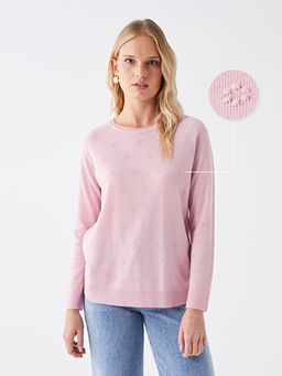 Bisiklet Yaka Kendinden Desenli Uzun Kollu Kad?n Triko Kazak