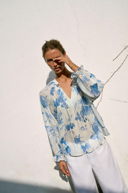 CAMISA ESTAMPADO FLORAL ABALORIOS / Azul / Blanco - Zara фото 5