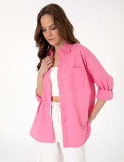 A__k Pembe Oversize Keten Kar___ml_ Uzun Kollu G_mlek