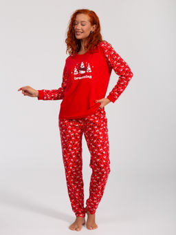 Костюм женский кулирка с брюками "ЗИМНИЙ ЛЕС" КРАСНЫЙ