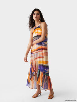 Halter Yaka Desenli F?rf?rl? Elbise