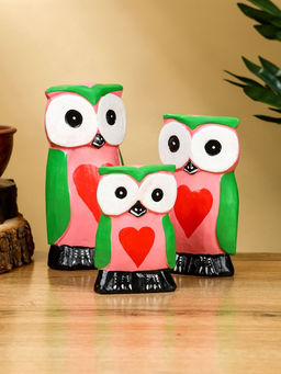 Набор сувенирный Совята с сердечком, h=15 см, h=13 см, h=10 см, дерево, розово-зелёный
