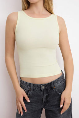 Siyah-Ekru Fitted/Vucuda Oturan Havuz Yaka Kolsuz Fitilli Esnek Orme Atlet TWOSS26AL00020 - Trendyolmilla фото 13