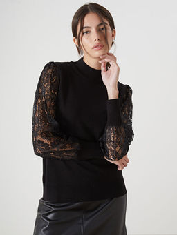 Yar?m Bal?k?? Yaka Dantel Detayl? Kad?n Triko Kazak