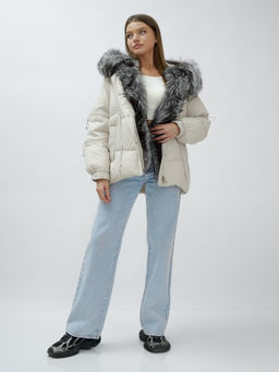 с чернобуркой ПРЕМИУМ класса Полупальто куртка зимняя коричневого цвета  бежевого цвета - Mtforce фото 4